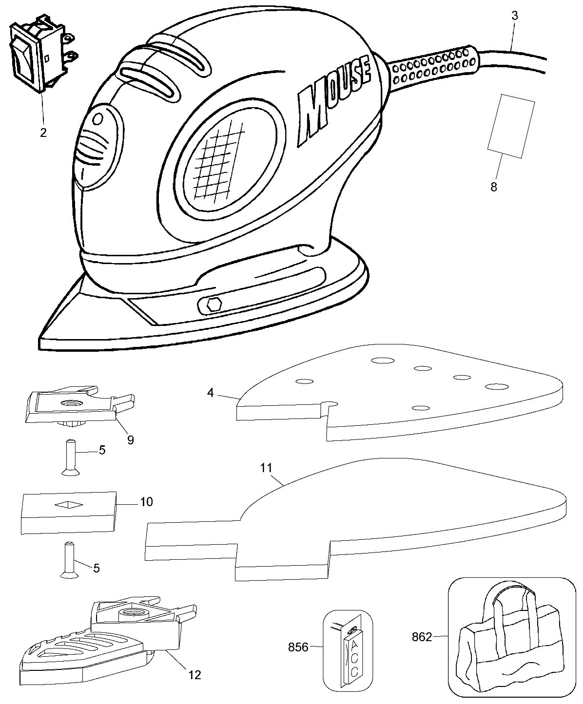 Default Diagram and Parts List for MS525B Type 1 Black and Decker Sander Polisher
